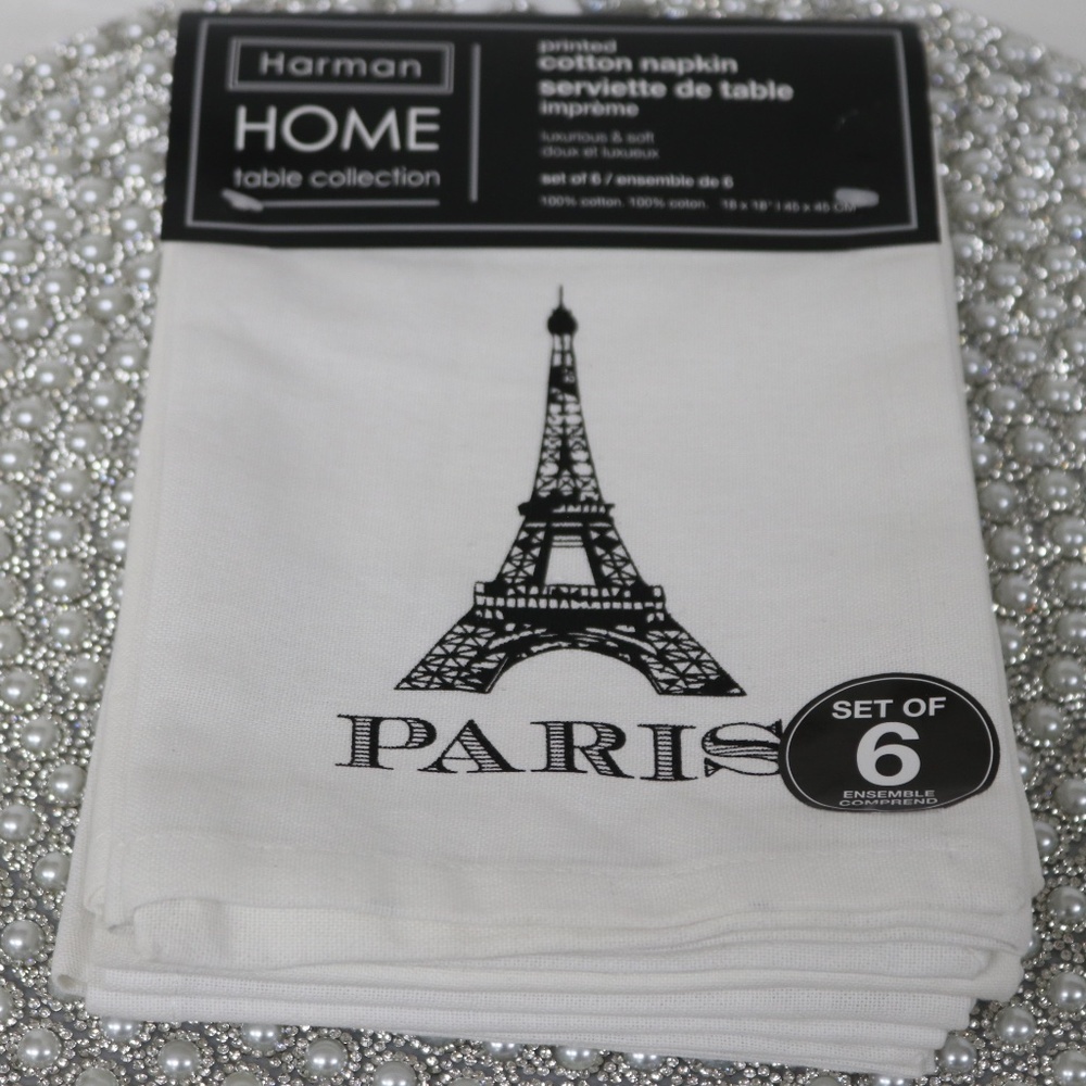 HARMAN HOME EIFFEL TOWER PARIS PRINTED FABRIC COTTON NAPKINS - WHITE/BACK - S/6
